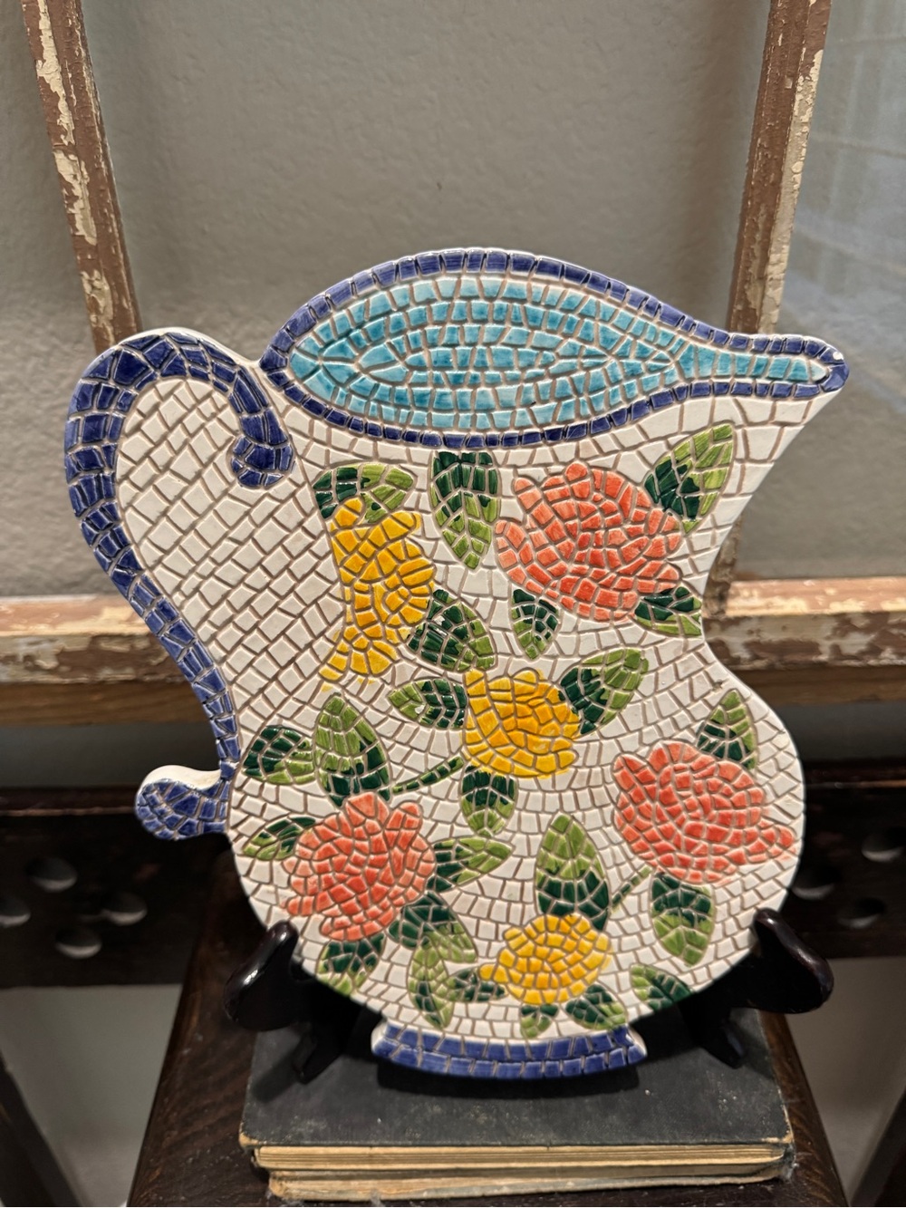 Vintage Floral Mosaic Pitcher Trivet Multicolor